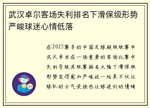 武汉卓尔客场失利排名下滑保级形势严峻球迷心情低落