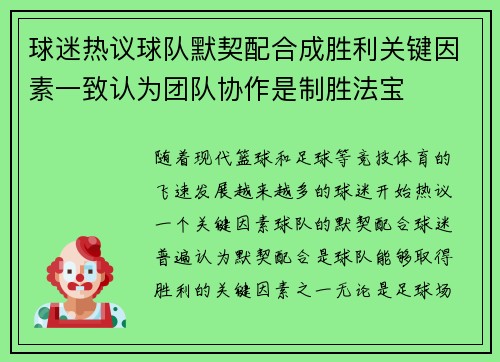球迷热议球队默契配合成胜利关键因素一致认为团队协作是制胜法宝